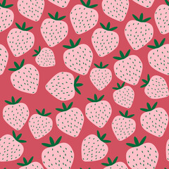 Minimalist strawberry vector pattern. Simple summer berry ornament. Doodle, flat, hand drawn texture for wallpaper.