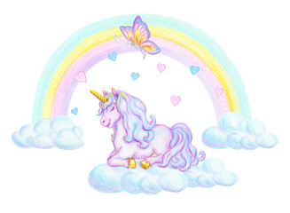 Fantasy watercolor pencil drawing of mythical sleeping Unicorn on cloud  against rainbow background and flying butterfly