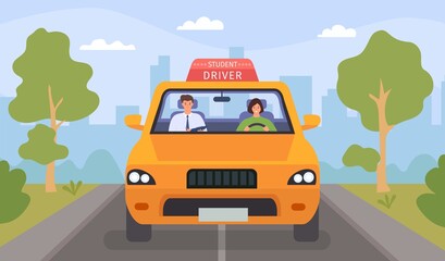 Driving school lesson. Cartoon instructor and female student drive car on road. Teacher tests woman for driver license, flat vector concept. Illustration driver teacher, instructor education