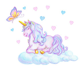 Fantasy watercolor pencil drawing of mythical sleeping Unicorn with magic butterfly on cloud against small pink and blue hearts