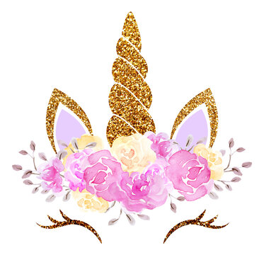 Fabulous cute unicorn with golden horn and beautiful roses flowers wreath isolated on white background