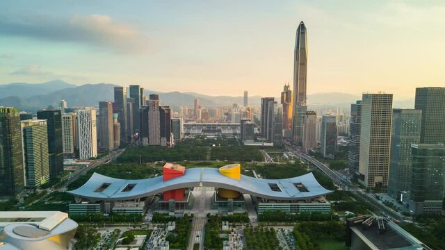 shenzhen sunset sky downtown city hall aerial panorama 4k timelapse china