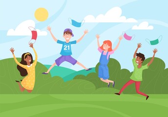 Fototapeta premium Diverse cute multiracial kids jumping and throwing up their face masks celebrating the start of the covid 19 vaccination. Flat cartoon vector illustration with fictional characters