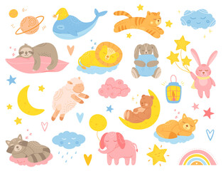Cute sleeping animals. Collection with stars, crescents and clouds. Baby designs, for fabric, wrapping, textile, wallpaper, apparel. Set of cartoon vector illustrations isolated on white background