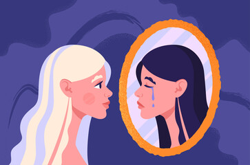 Bipolar disorder concept. Young woman suffering from bipolar disorder, psychological diseases, schizophrenia. Happy woman looking at her sad crying reflection in mirror. Flat vector illustration.