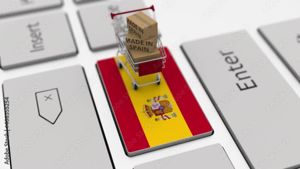Poster boxes with made in spain text and shopping cart on the keyboard. conceptual looping 3d animation