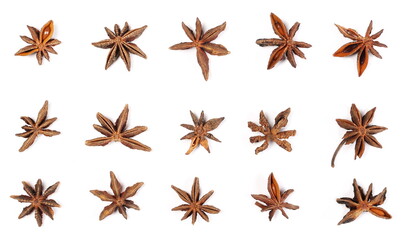 Set star anise isolated on white background, top view