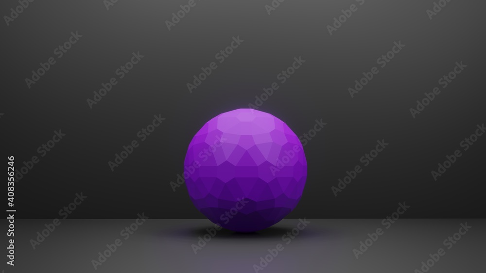 Poster purple sphere object close up. 3d illustration in dark background with copy space