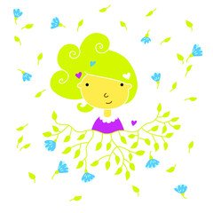 Vector doodle illustration with a girl on a floral background. Cute portrait for a postcard, invitation, print