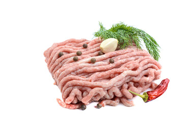 Fresh pork and beef minced meat, garnished with garlic, red pepper and dill.Isolated on a white...
