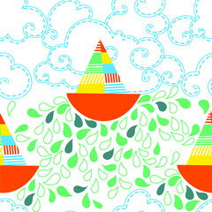 Seamless vector pattern with orange boats with sail on the sea. Doodle illustration for wrapping paper, postcards, fabric