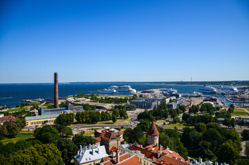 Buildings and passenger port with cruise liners, viewed from tower of Saint Olaf's church at the...