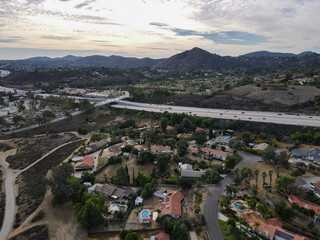 Aerial view of The East Canyon Area of Escondido before sunset, San Diego, California