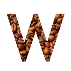 Letter W made from coffee beans isolated on white background.