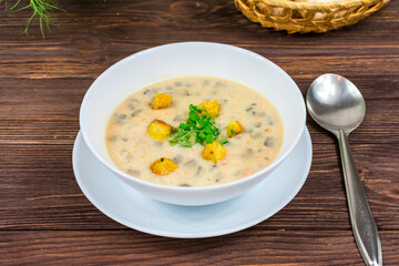 Homemade vegetarian mushroom soup with vegetables and bread in white plate