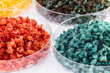 Molten chloride salts, crystals and crystallized rare earth sediments, chemicals used in industry for the production of various industrial items, in petri dishes