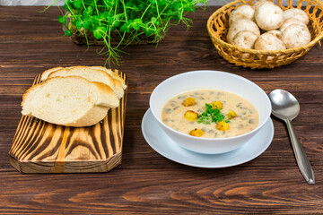 Homemade vegetarian mushroom soup with vegetables and bread in white plate
