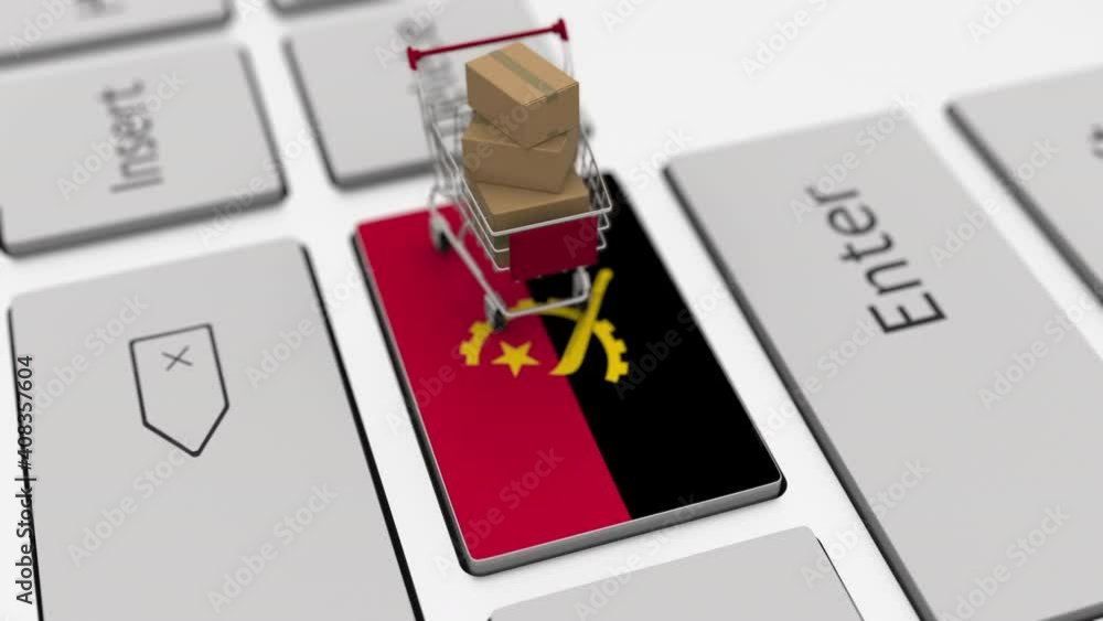 Poster key with flag of angola and shopping cart with boxes, looping internet business related 3d animation