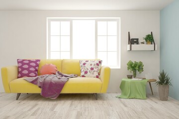 White living room with sofa. Scandinavian interior design. 3D illustration