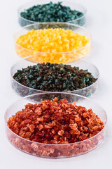 Molten chloride salts, crystals and crystallized rare earth sediments, chemicals used in industry for the production of various industrial items, in petri dishes