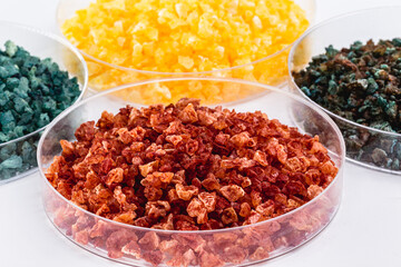 Molten chloride salts, crystals and crystallized rare earth sediments, chemicals used in industry for the production of various industrial items, in petri dishes