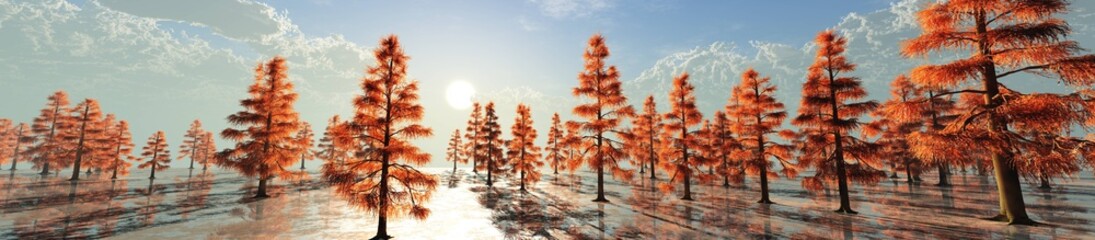 Trees on ice, trees on a frozen lake, sunset over frozen water with trees, 3D rendering