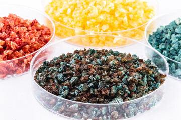 Molten chloride salts, crystals and crystallized rare earth sediments, chemicals used in industry for the production of various industrial items, in petri dishes