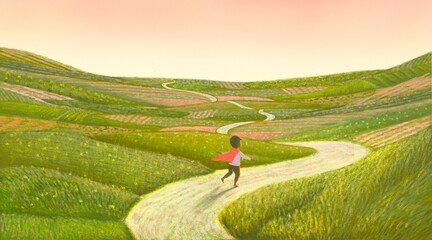Dream hope inspiration and freedom concept, Boy playing superhero with nature landscape. surreal painting. Fantasy art, conceptual artwork, happiness of child , 3d illustration