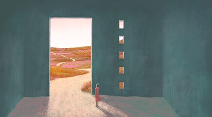 Conceptual art, surreal artwork ,way hope freedom life dream way and ambition concept. Woman looking at fantasy nature ,  illustration. imagination of happiness painting