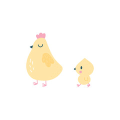 Cute hen and chick. Chicken and baby. Animal cartoon characters. Vector in flat style isolated on white