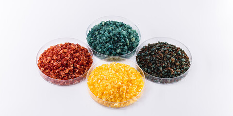 Molten chloride salts, crystals and crystallized rare earth sediments, chemicals used in industry for the production of various industrial items, in petri dishes