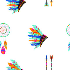 Ethnic seamless pattern. Dreamcatcher, headdress with feathers. Vector illustration