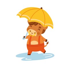 Cute ox holding umbrella. Little cow. Kawaii bull. 2021 zodiac sign. Vector illustration.
