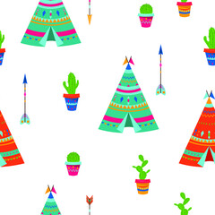 Ethnic Indian pattern. Feathers, feather headdress, wigwam and cactus. Vector illustration.