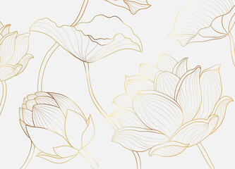Gold wallpaper luxury design with lotus flower and leaf. Nelumbo lotos golden line arts. Floral design for poster, cover, fabric prints. Vector illustration - obrazy, fototapety, plakaty