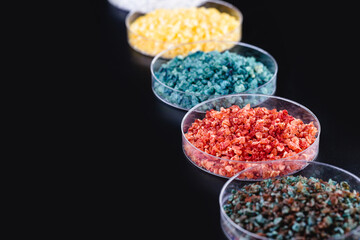 Molten chloride salts, crystals and crystallized rare earth sediments, chemicals used in industry for the production of various industrial items, in petri dishes