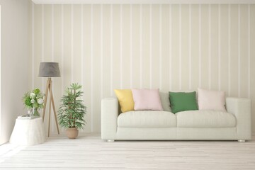 White living room with sofa. Scandinavian interior design. 3D illustration