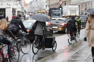 Bikes in the rainy city. Bike path in a European capital city. Bicycle traffic in Copenhagen....