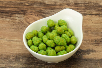 Spicy wasabi peanuts in the bowl