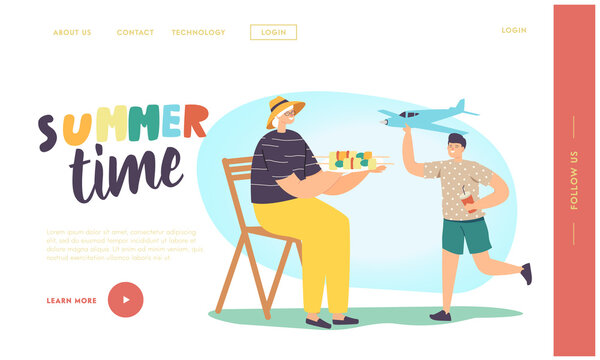 Child Playing with Grandmother in Garden Landing Page Template. Summer Holiday, Happy Family Characters Spend Time