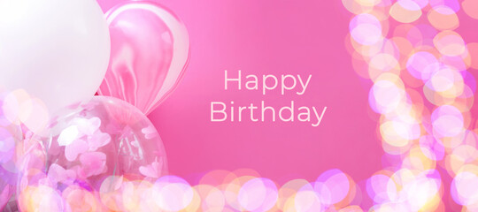 Pink and white balloons on a pink background banner with text Happy birthday