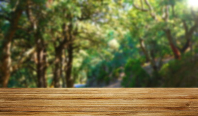 Fototapeta na wymiar top view forest background with old wood table