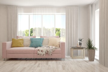 White living room with sofa and summer landscape in window. Scandinavian interior design. 3D illustration