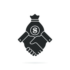 Financial deal icon concept. Businessman handshake with a sack of money isolated on white background. Vector illustration