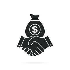 Financial deal icon concept. Businessman handshake with a sack of money isolated on white background. Vector illustration