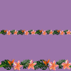 Seamless border of Tropical Hawaii leaves and flowers on lilac for duct tape, adhesive tape, ribbons, fabric trim, footer, letterhead. Gouache hand drawn illustrati © Olena