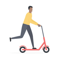 Young cute african man on scooter. Cartoon black skin guy character riding on electric scooter. Healthy lifestyle concept.