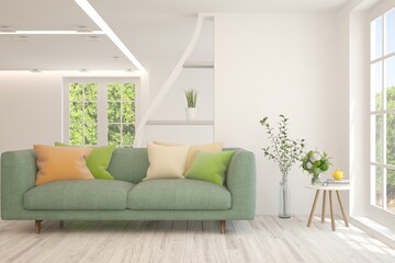 White living room with sofa. Scandinavian interior design. 3D illustration