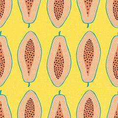 Pop papaya repeat seamless pattern. Yellow background. 