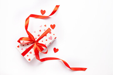 Festive St Valentne's day concept with gift box on white background. Top view, copy space